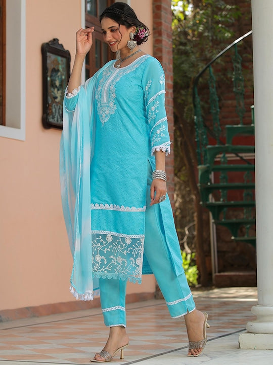SCAKHI Floral Embroidered Chikankari Schiffli Pure Cotton Kurta With Trousers & Dupatta