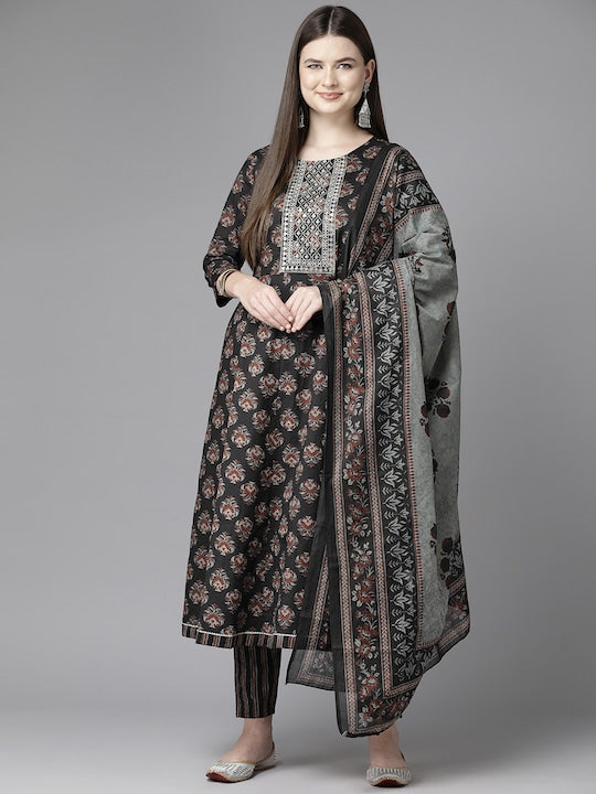 Yufta Ethnic Motifs Printed Sequinned Pure Cotton Kurta with Trousers & Dupatta - XXL