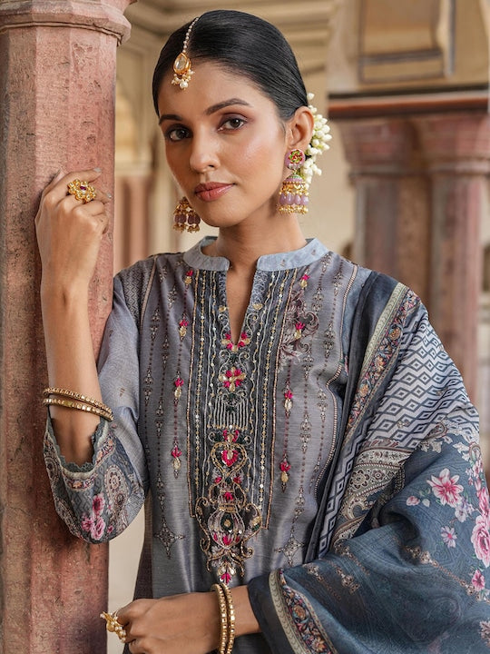 Scakhi Floral Printed Beads and Stones Chanderi Silk Kurta With Trousers & Dupatta