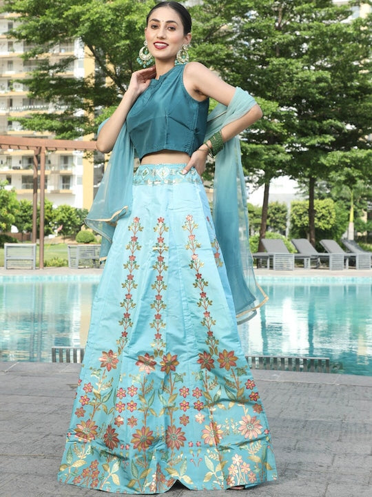 AKS Couture Floral Printed Zari Ready to Wear Lehenga & Blouse With Dupatta