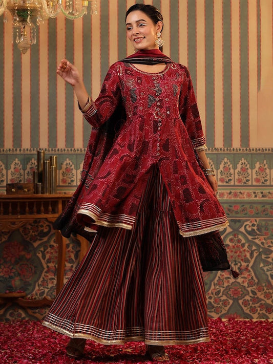 Scakhi Ethnic Motifs Printed Gotta Patti Anarkali Kurta with Sharara & Dupatta