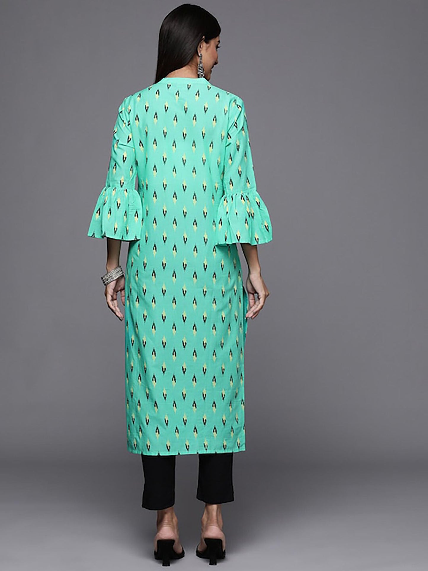 KSUT Turquoise Printed Straight Kurta with Mandarin Collar
