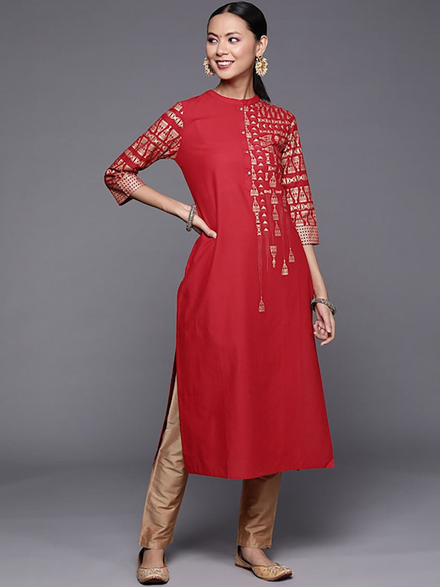 KSUT Women Maroon Foil Printed Straight Kurta