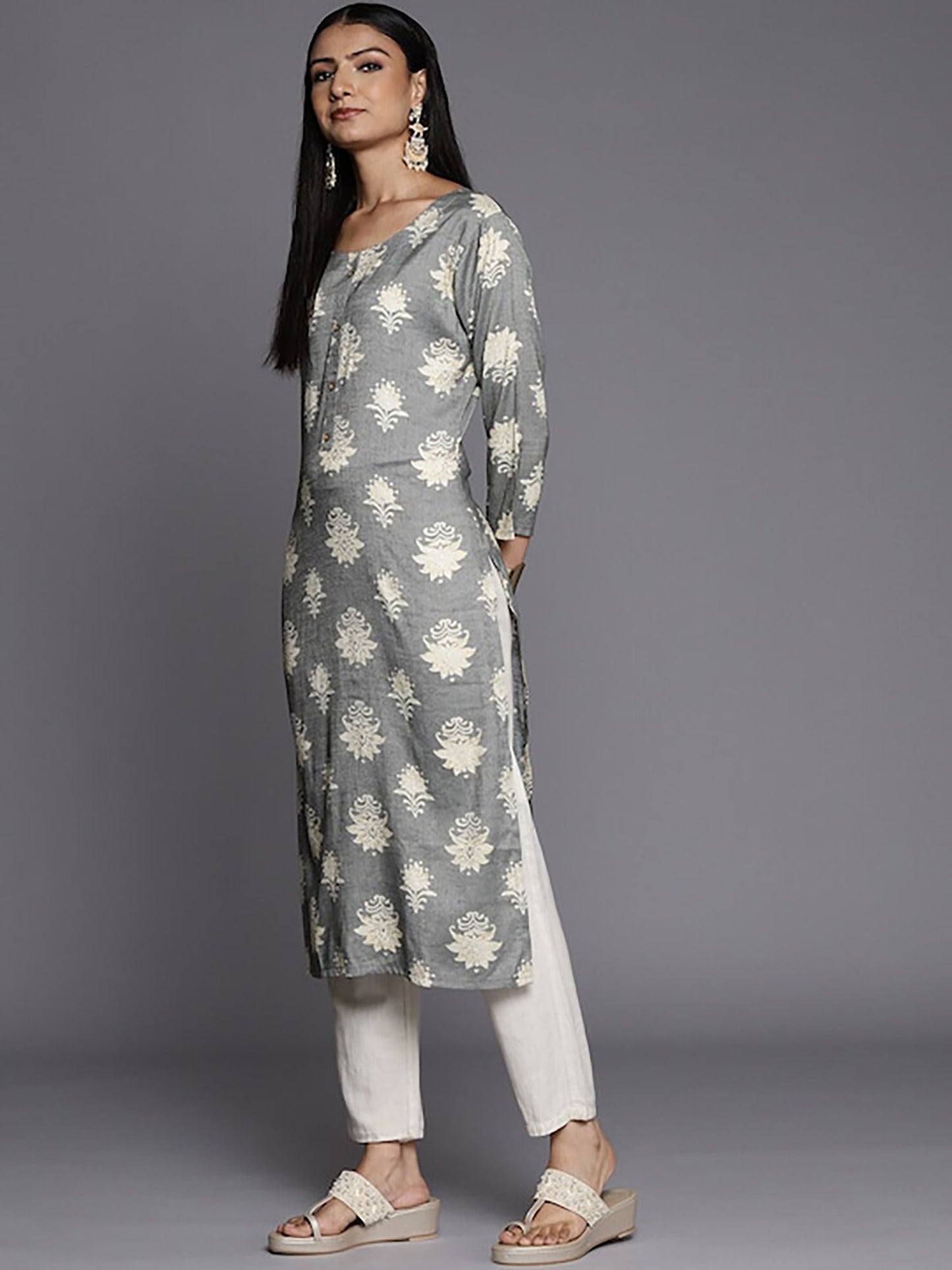 KSUT Grey Foil Printed Straight Kurta