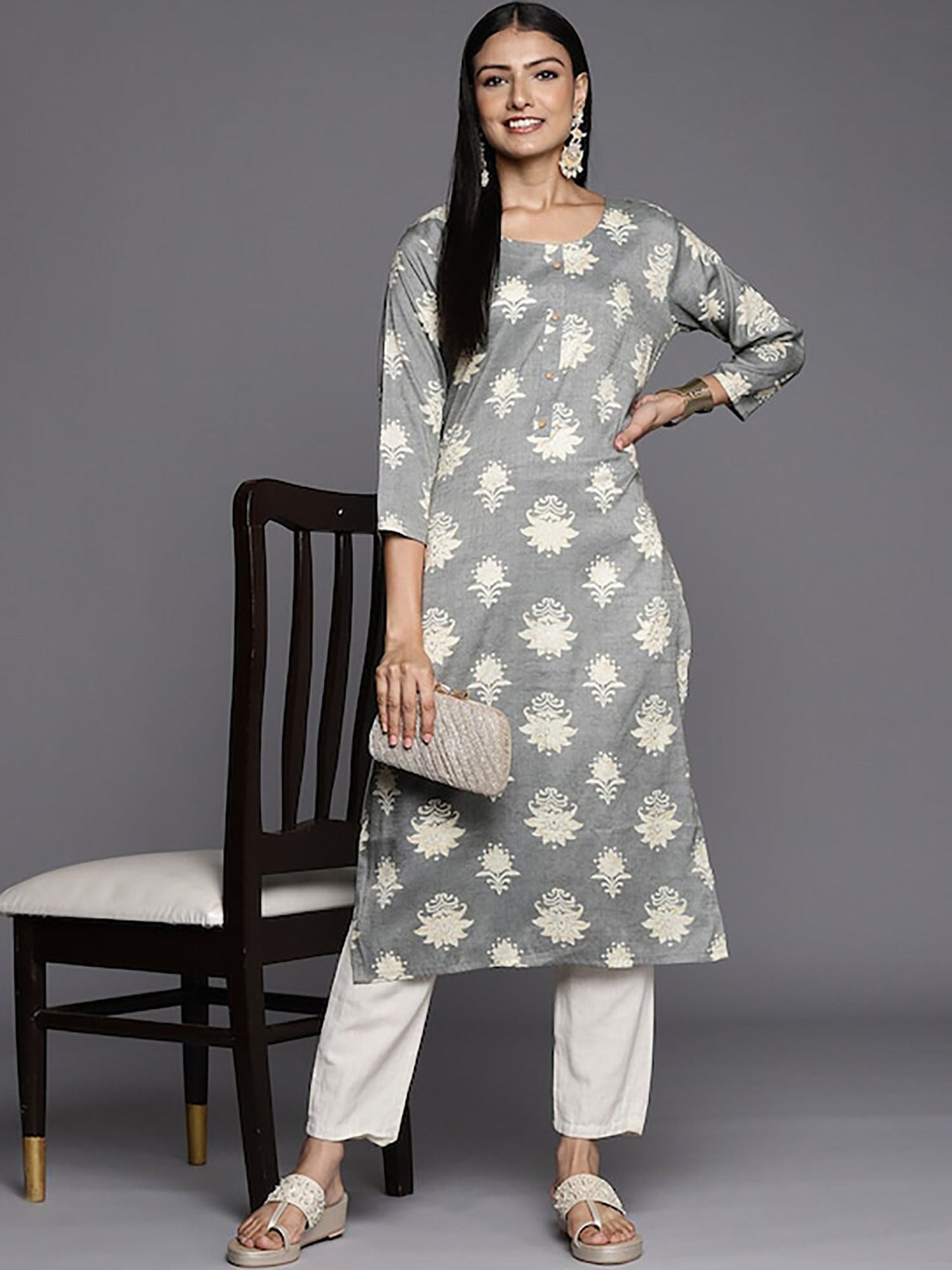 KSUT Grey Foil Printed Straight Kurta