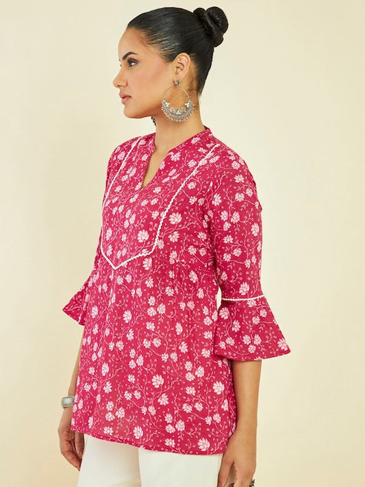 Soch Band Collar Printed Cotton Tunic -  L