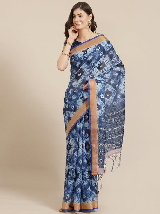 Saree mall Blue & White Printed Bandhani Saree