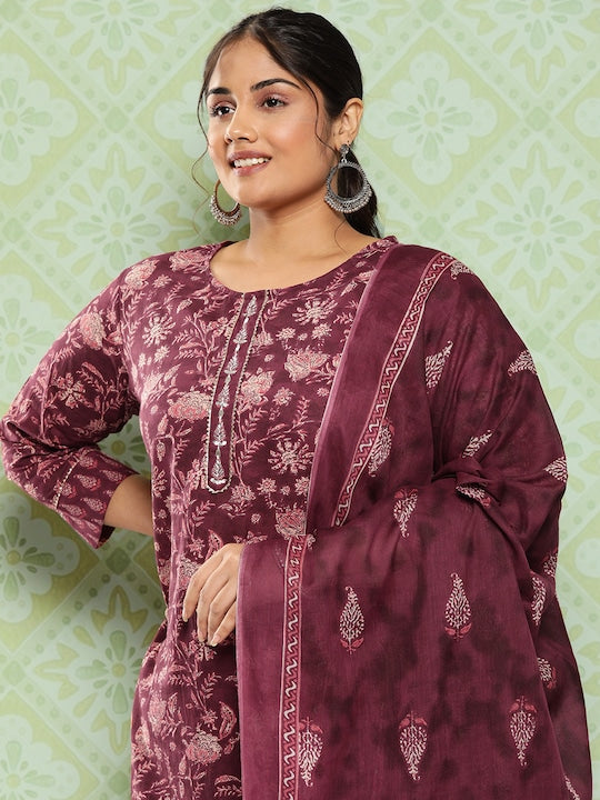 Yufta Plus Size Floral Printed Sequinned Pure Cotton Kurta with Trousers & Dupatta