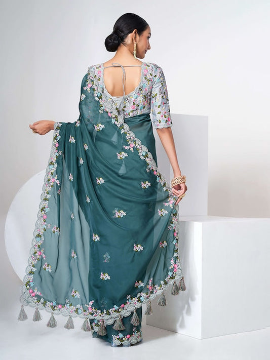 Fusionic Floral Embroidered Organza Saree