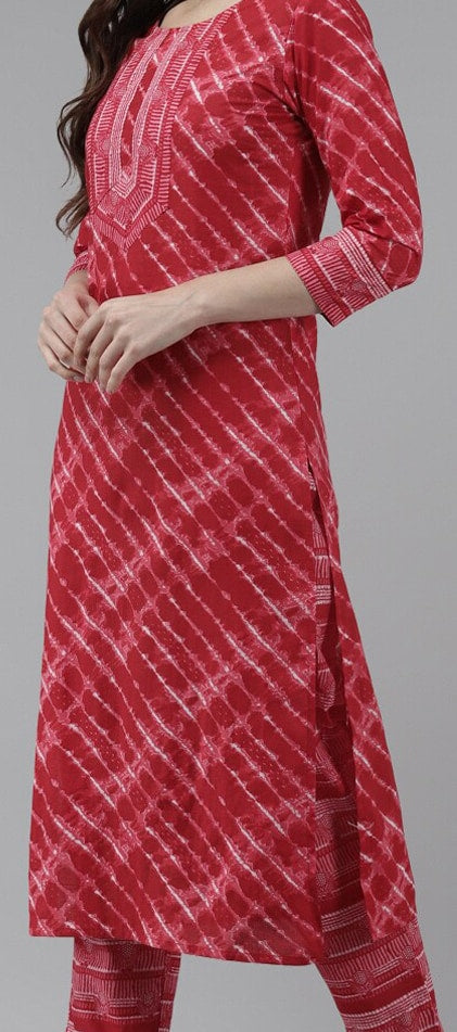 Yufta Red & White Leheriya Printed Pure Cotton Kurta With Palazzos & Dupatta