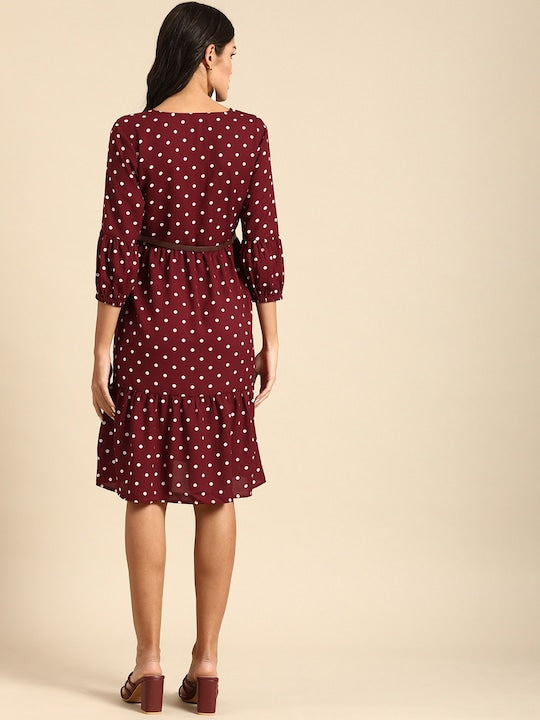 All about you Women Maroon & White A-Line Polka Dot Printed A-Line Dress With A Belt