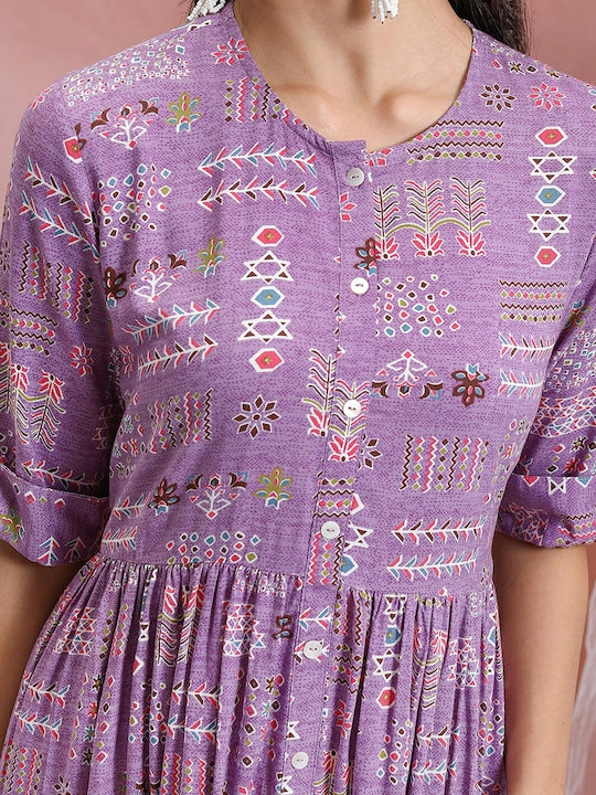 Vishudh Geometric Printed Roll-Up Sleeves Gathered Detail A-Line Midi Dress