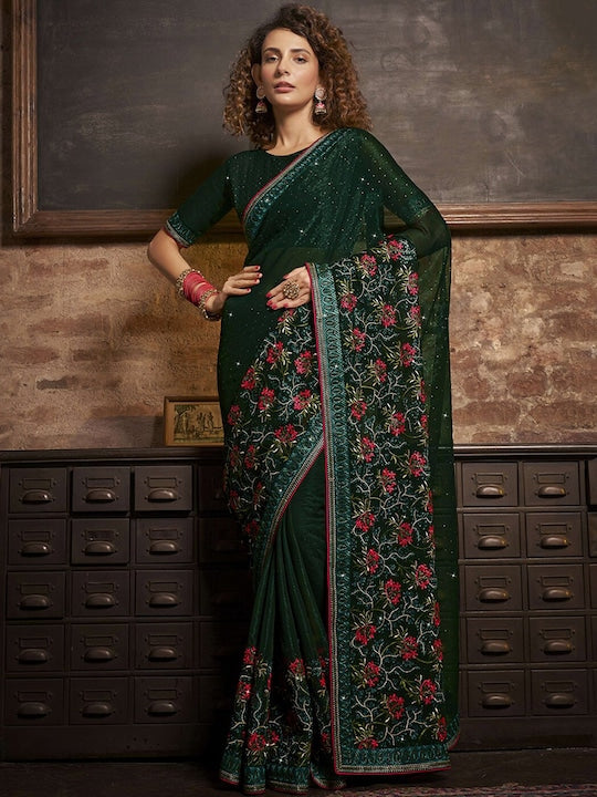 Satrani Embellished Beads and Stones Pure Chiffon Saree