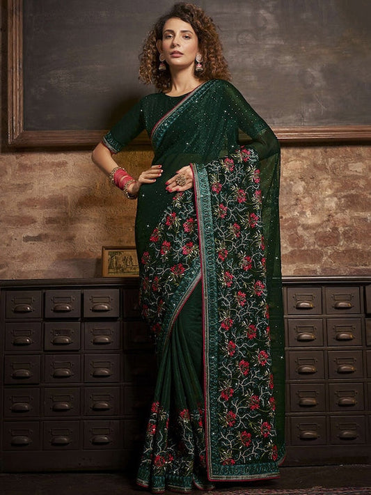 Satrani Embellished Beads and Stones Pure Chiffon Saree