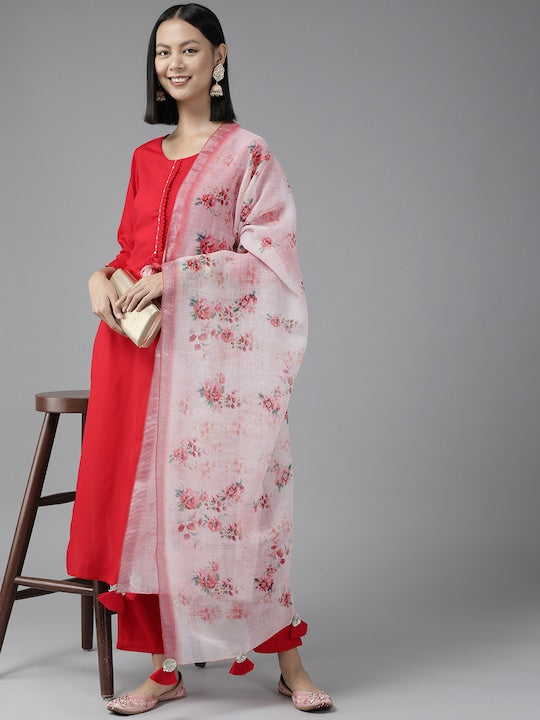 Yufta Women Red Kurta with Trousers & With Dupatta
