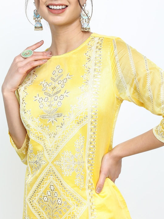 Vishudh Women Yellow Ethnic Motifs Printed Kurti with Palazzos & With Dupatta