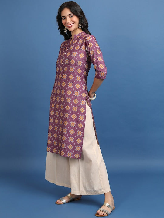 Vishudh Burgundy Ethnic Motifs Printed Mandarin Collar Straight Kurta