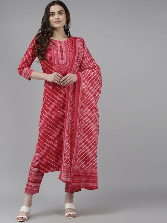 Yufta Red & White Leheriya Printed Pure Cotton Kurta With Palazzos & Dupatta