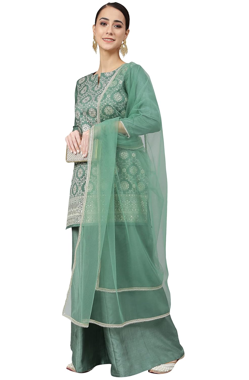 Janasya Women's Mint Green Chinon Foil Print Kurta with Flared Palazzo and Dupatta