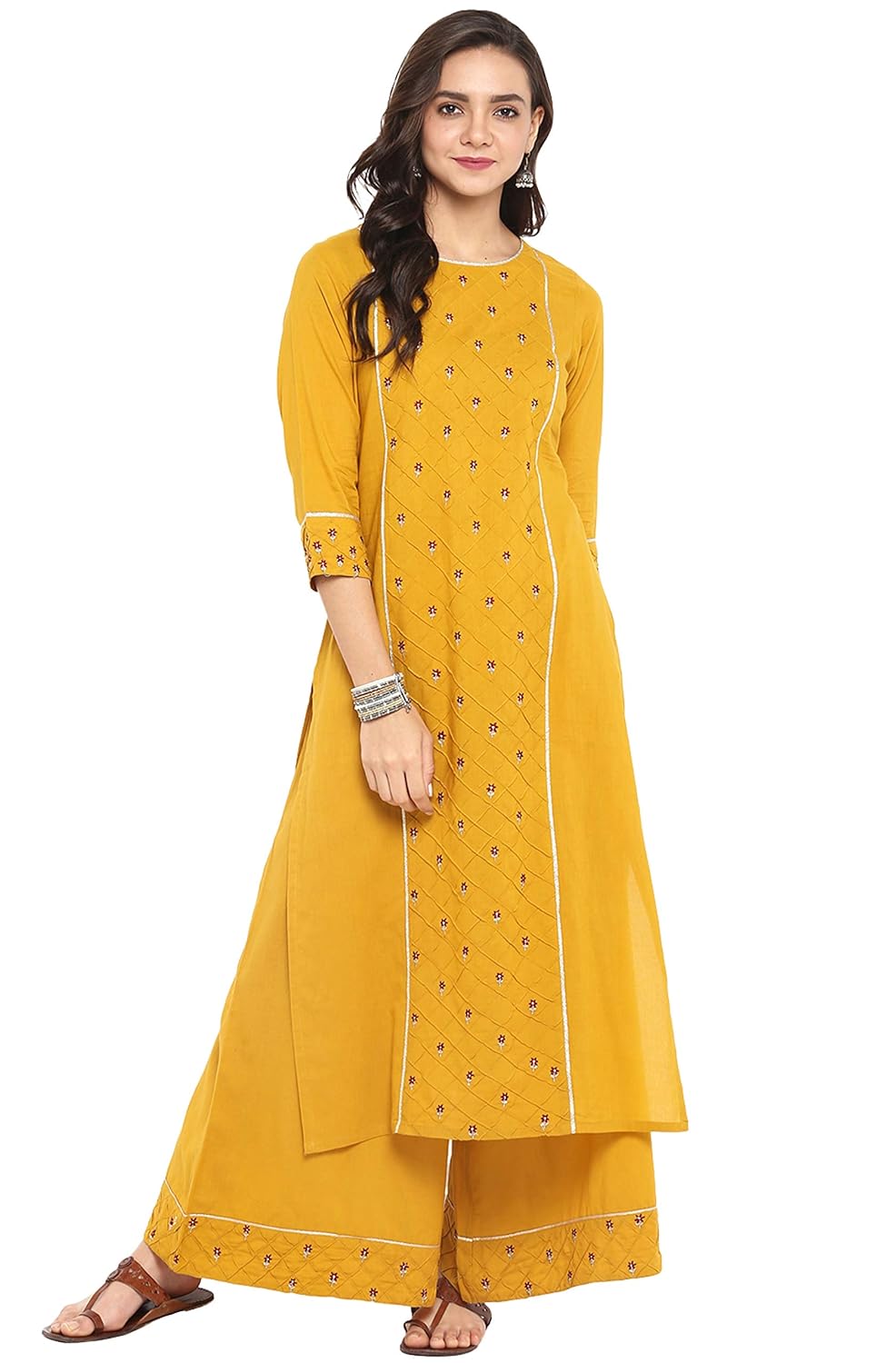 Janasya Women's Mustard Pure Cotton Straight Kurta with Palazzo