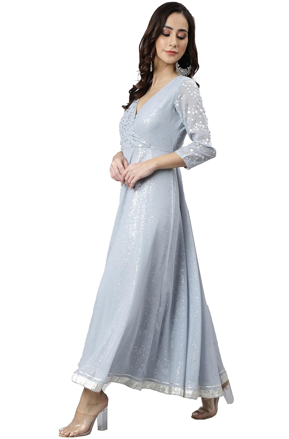 Janasya Women's Grey Georgette Foil Print Kurta with Dupatta