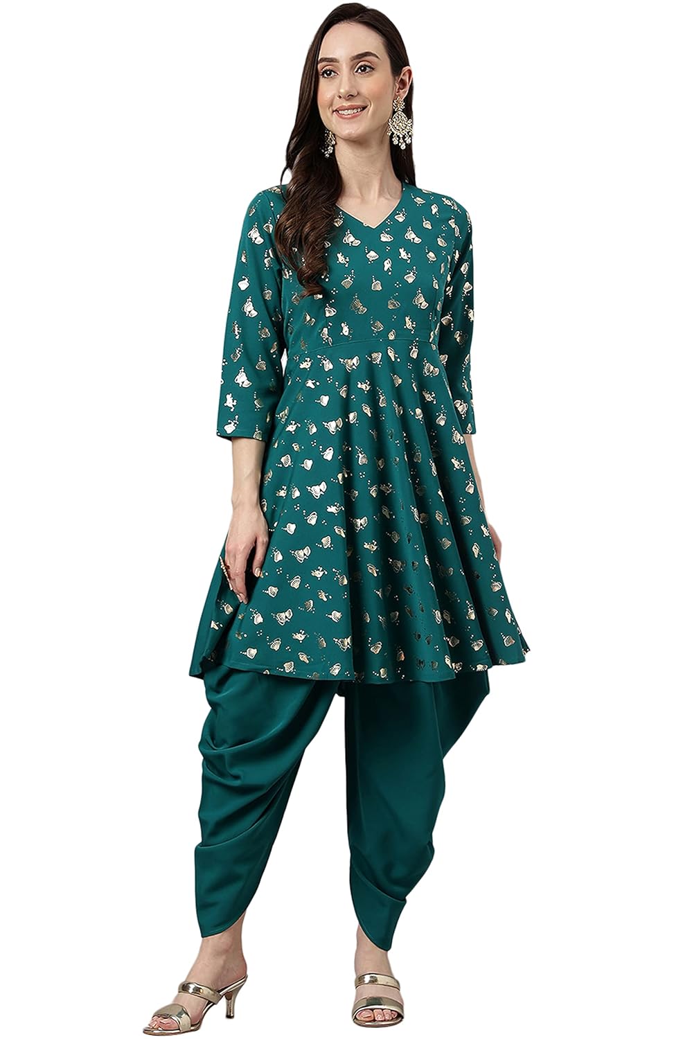 Janasya Women's Peacock Green Crepe Foil Print Kurta with Dhoti Pant