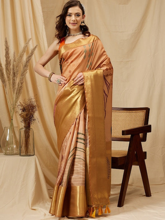 Silk Land Floral Printed Zari Tissue Banarasi Saree