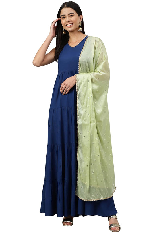 Janasya Women's Dark Blue Rayon Solid Kurta with Dupatta