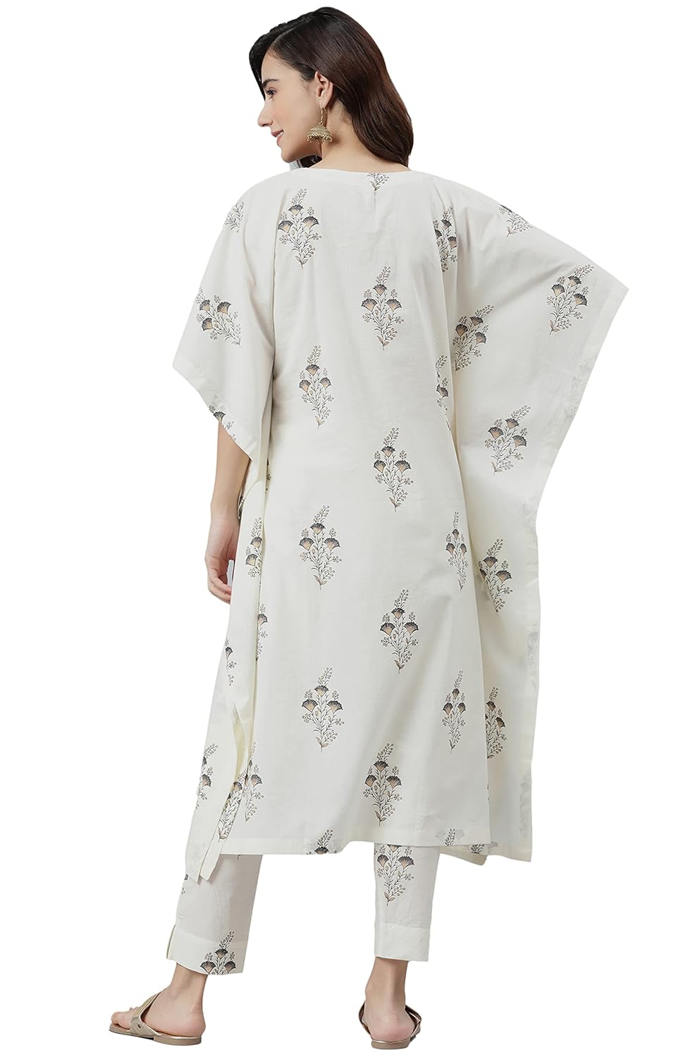 Janasya Women's Cream Cotton Kaftan With Pant