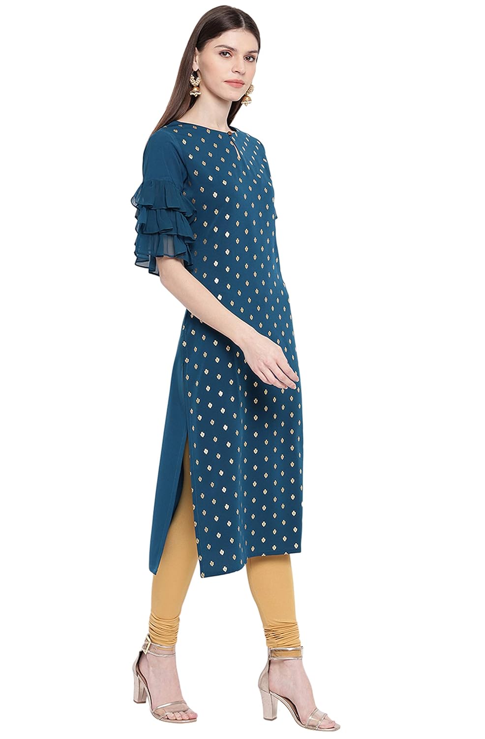Janasya Women's Teal Poly Crepe Gold Print Straight Kurta