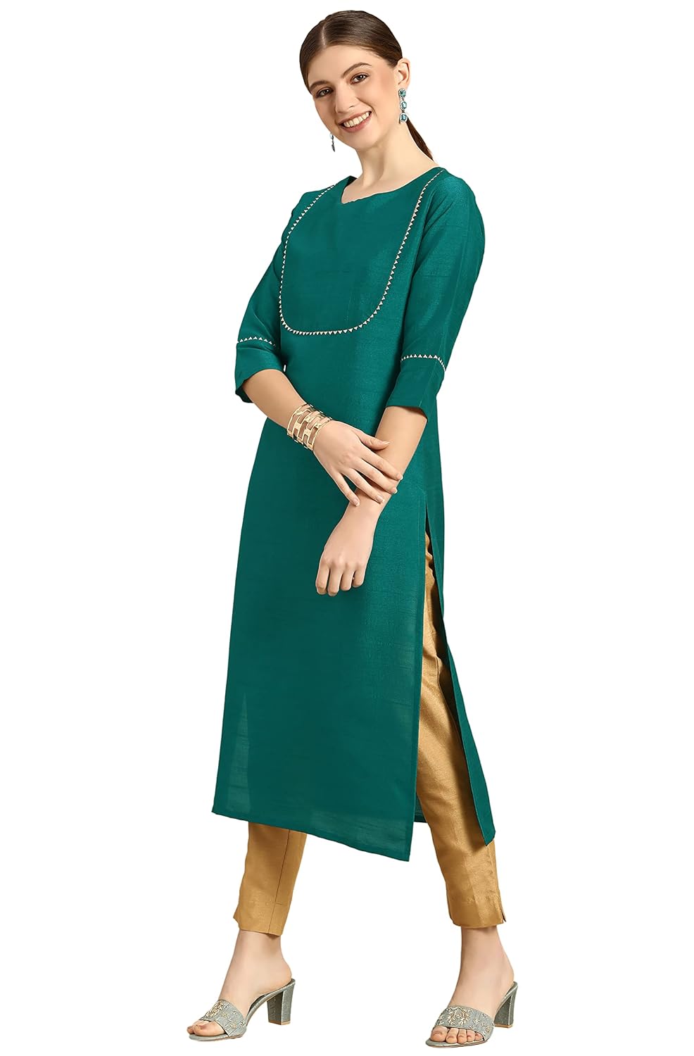 Janasya Women's Green Poly Silk Solid Kurta with Pant