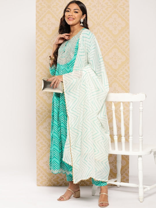 Yufta Embroidered Zari Pure Cotton Kurta with Trousers & Dupatta