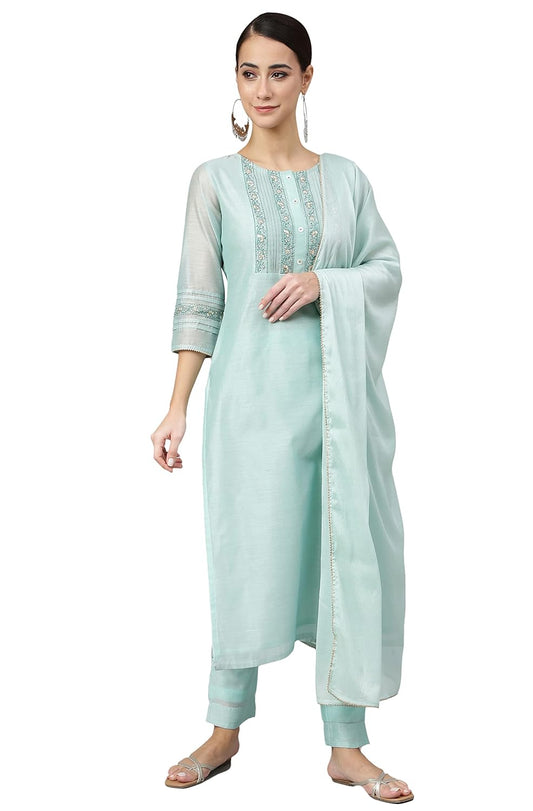 Janasya Women's Sea Blue Chanderi Silk Solid Kurta with Pant and Dupatta