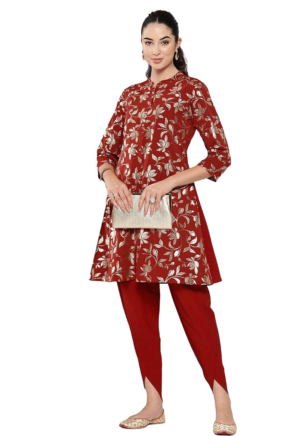 Janasya Women's Brick Red Crepe Foil Printed Tunic with Tulip Pant