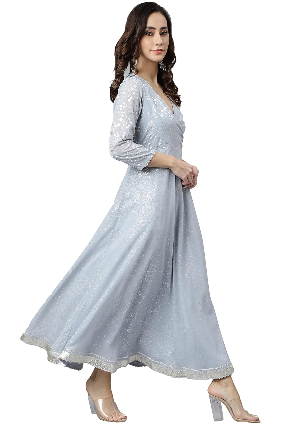 Janasya Women's Grey Georgette Foil Print Kurta with Dupatta