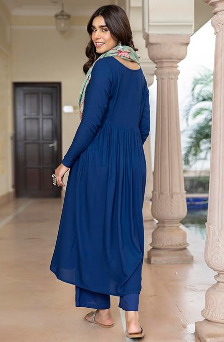 Janasya Women's Blue Rayon Solid Kurta with Palazzo and Scarf