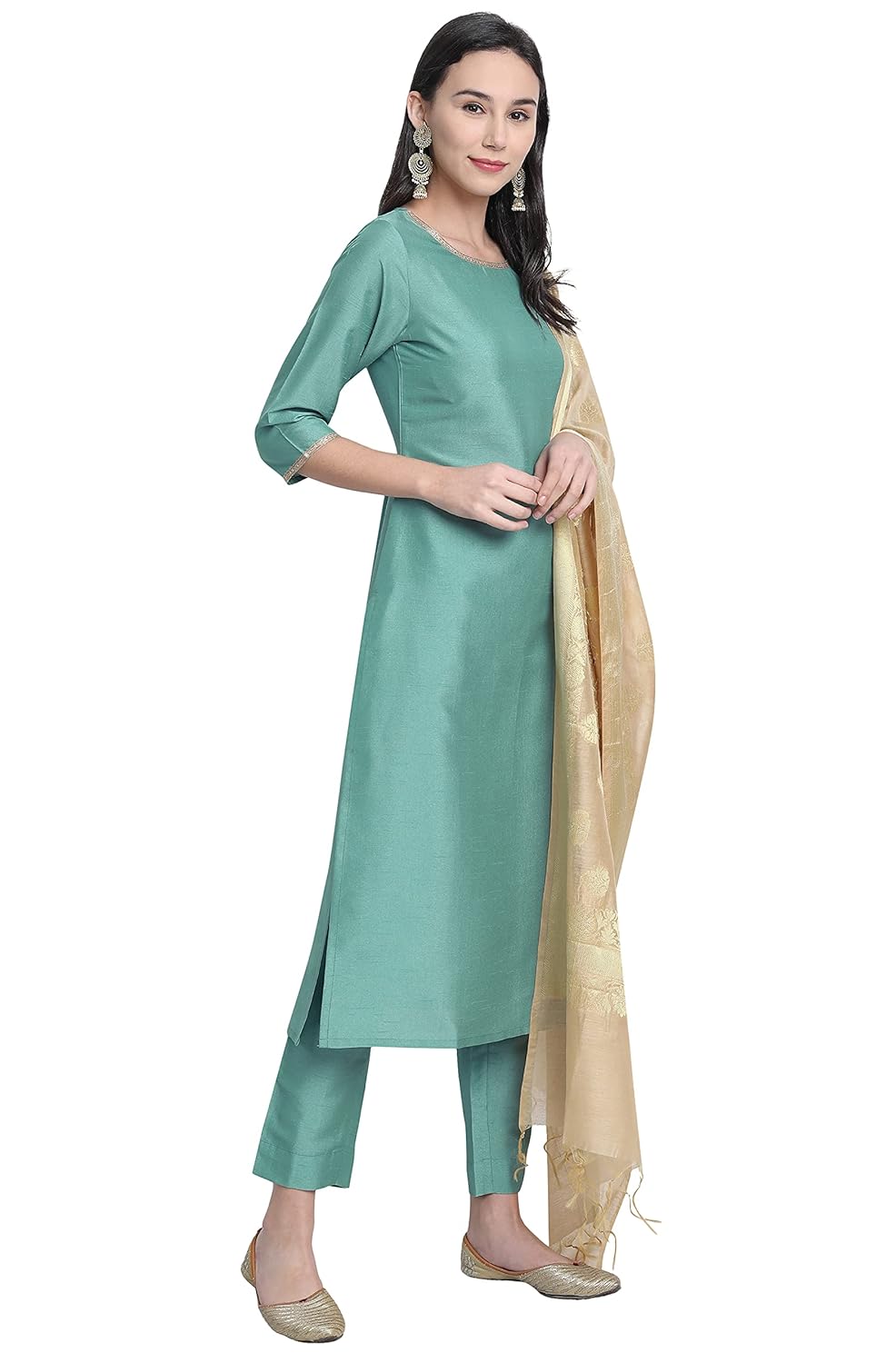 Janasya Women Art Silk Straight Kurta, Pant with Dupatta