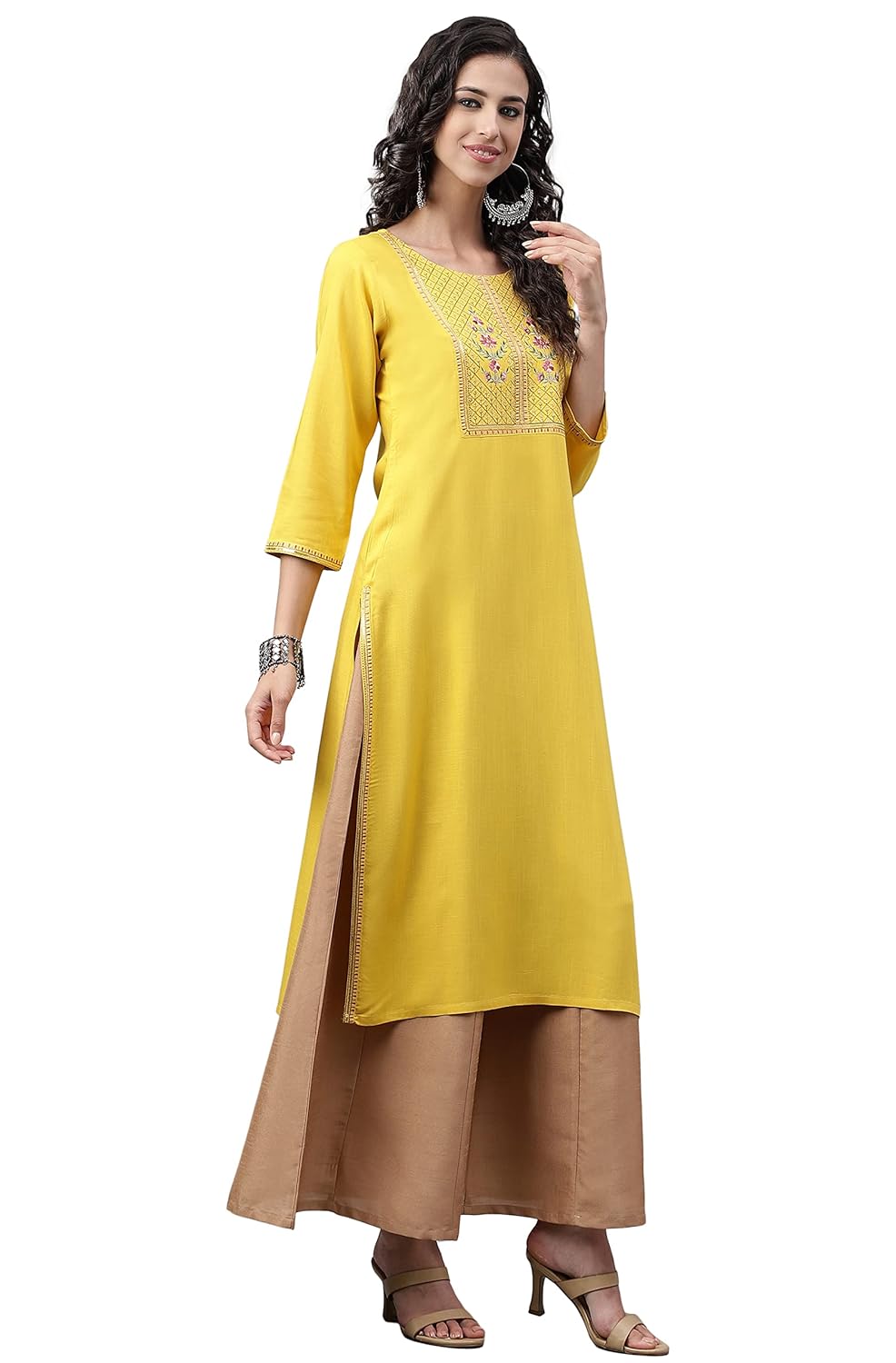 Janasya Women's Mustard Poly Rayon Solid Straight Kurta