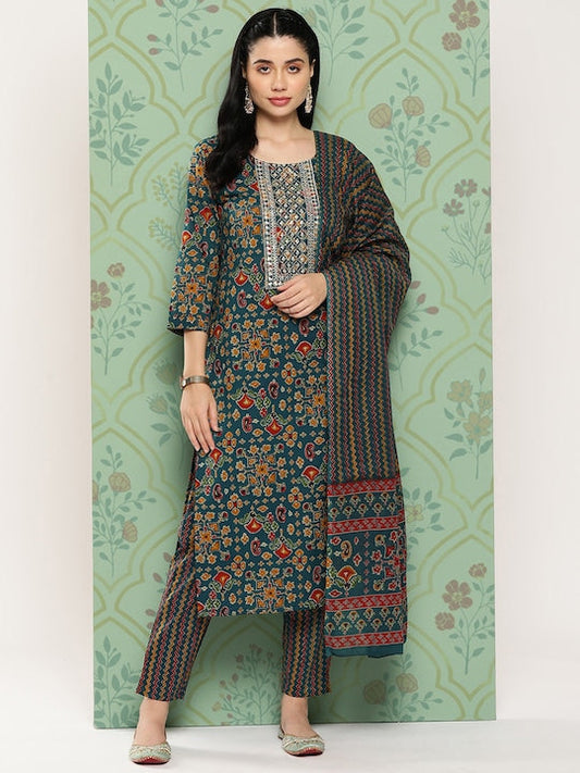 Yufta Floral Embroidered Regular Sequinned Pure Cotton Kurta with Trousers & With Dupatta