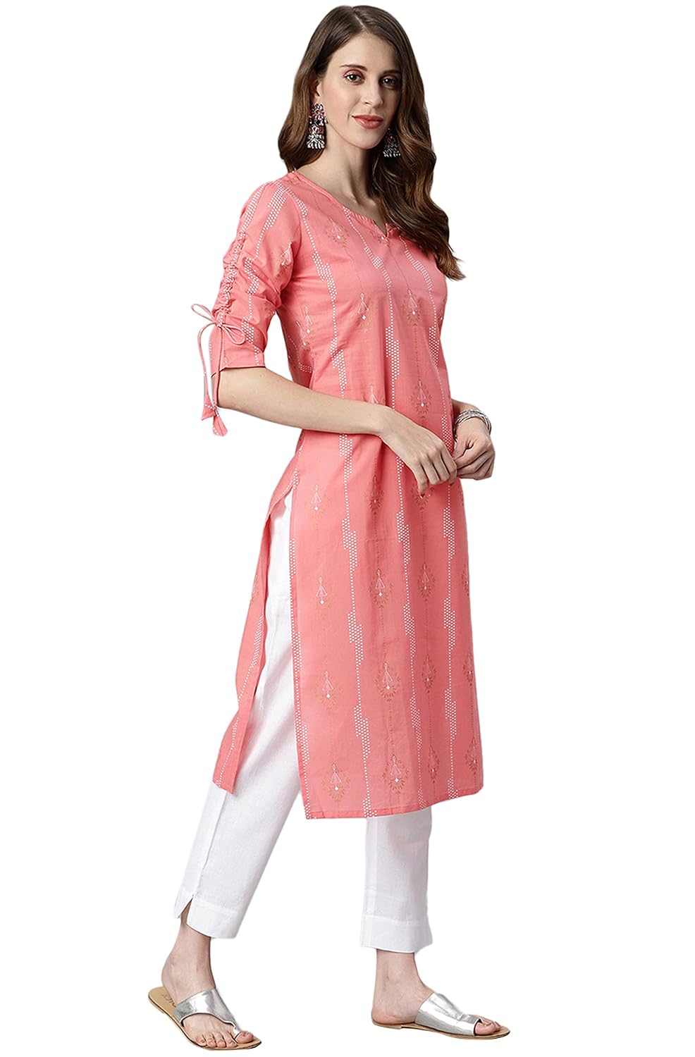 Janasya Women's Blue Cotton Ethnic Motifs Straight Kurta Pink
