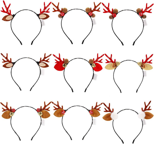 COSYOO LED Christmas Antler Headbands 9PCS Cute Light Up Reindeer Hairbands Hairhoop with Elf Ears Pine Cone Jingle Bells Halloween Christmas Party Decorations Hair Accessories for Girls Adults
