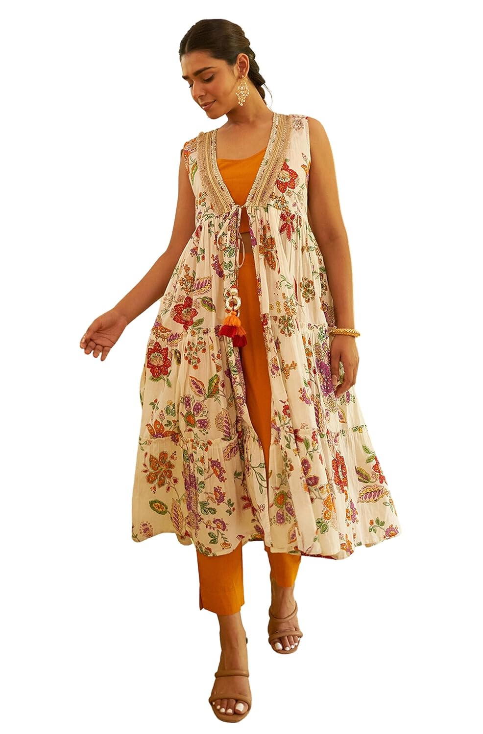 Janasya Women's Orange Cotton Solid Crop Top with Pant and Jacket