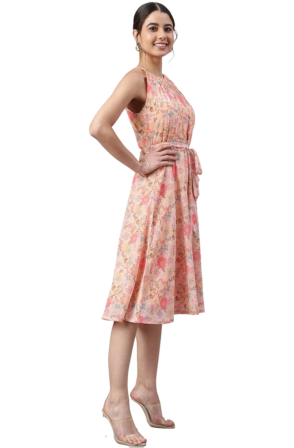Janasya Women's Peach Georgette Floral Print Midi Dress