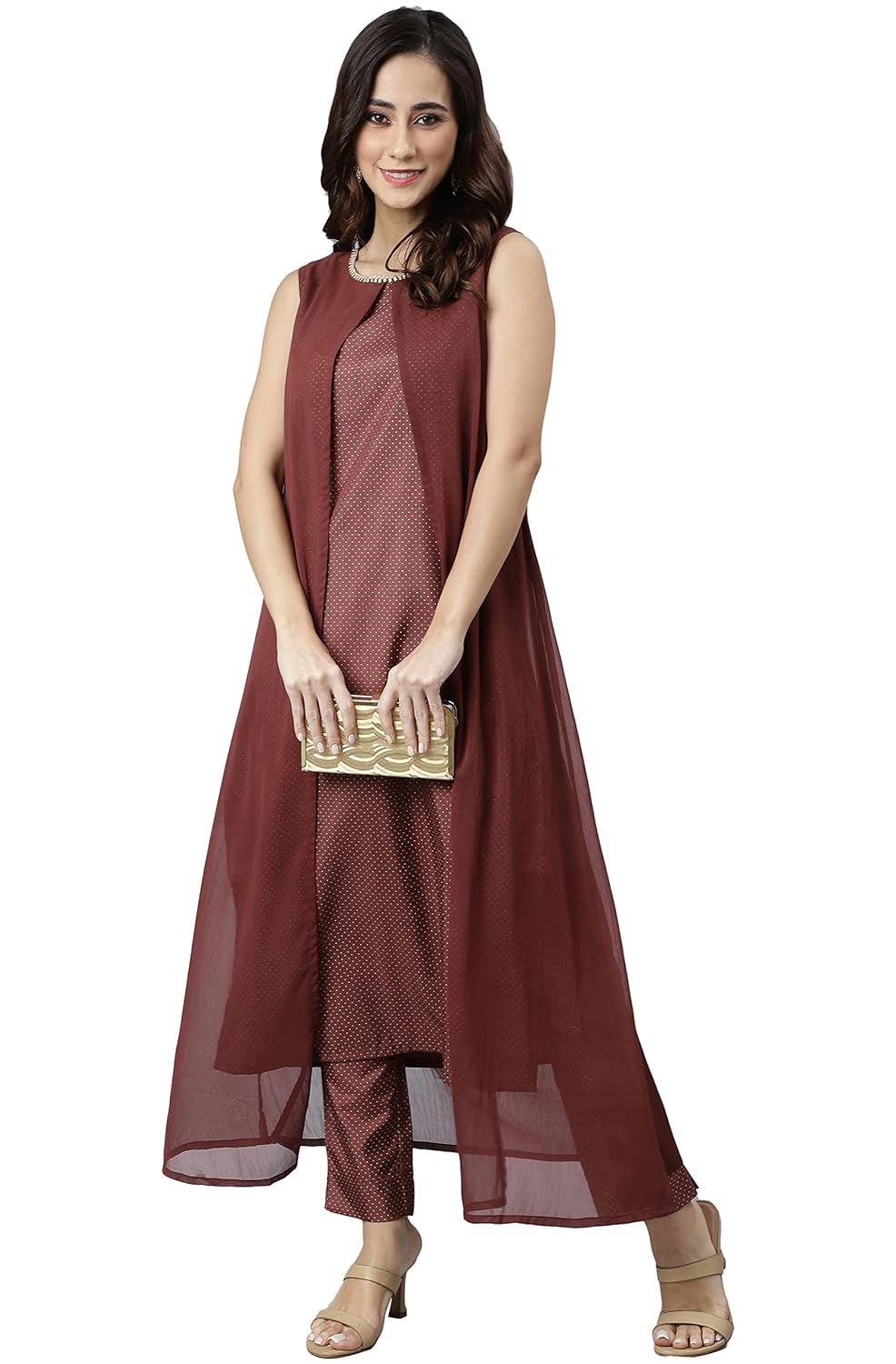 Janasya Women's Brown Poly Silk Foil Print Kurta with Pant