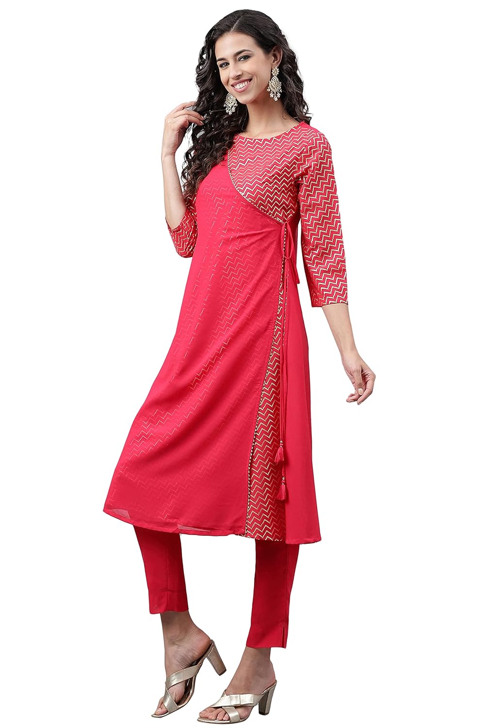 Janasya Women's Pink Crepe Foil Printed Angrakha Kurta