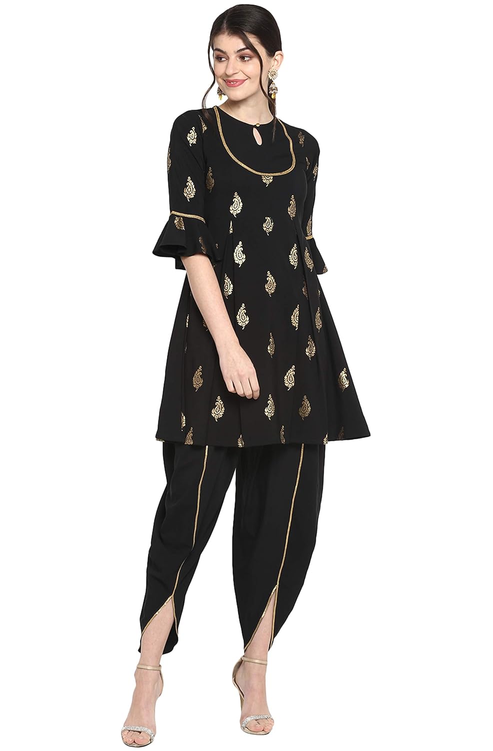 Janasya Women's Black Poly Crepe A-Line Kurti with Dhoti Pant