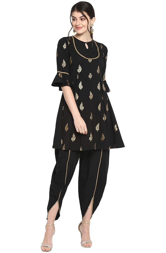 Janasya Women's Black Poly Crepe A-Line Kurti with Dhoti Pant