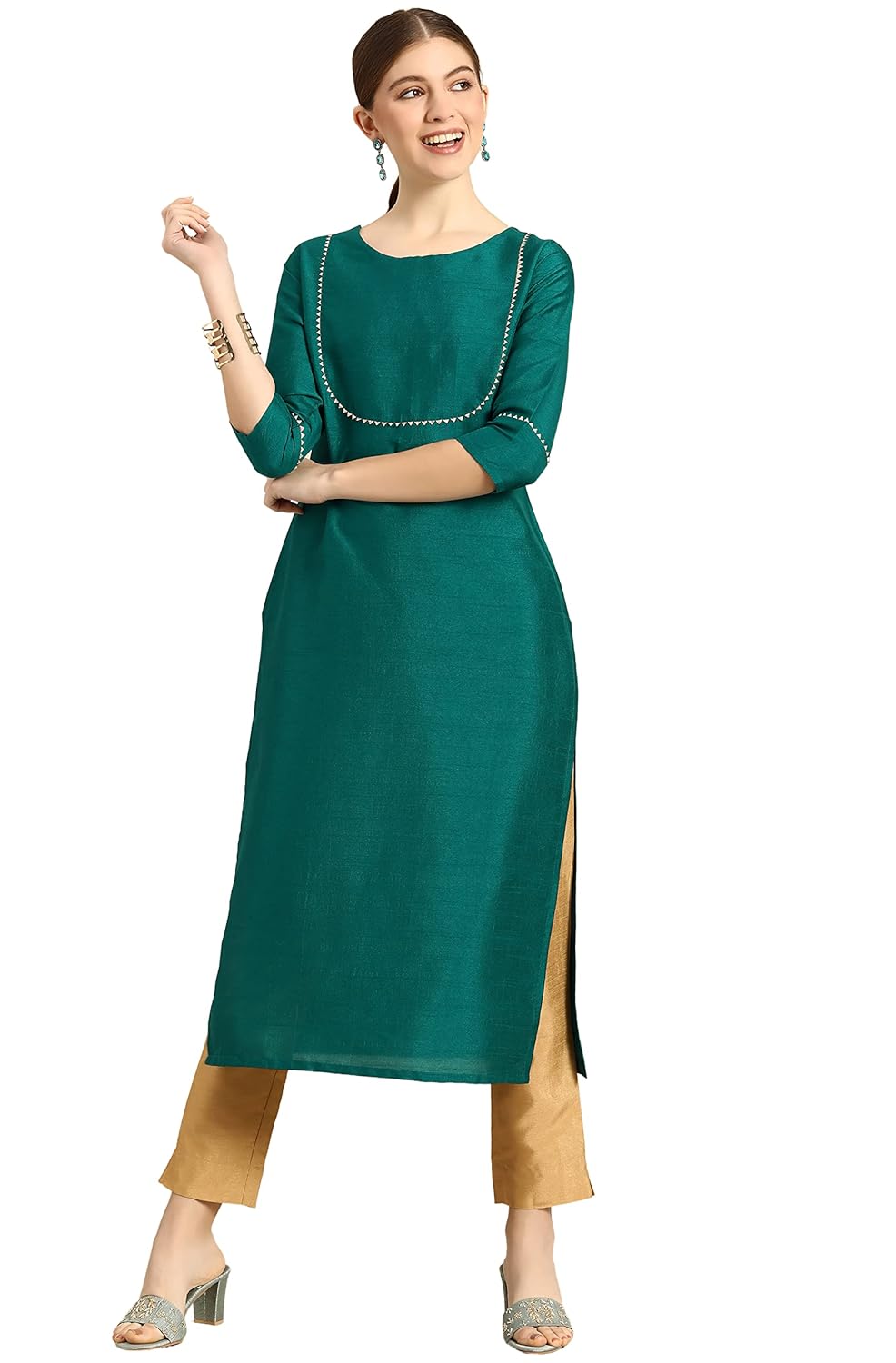 Janasya Women's Green Poly Silk Solid Kurta with Pant