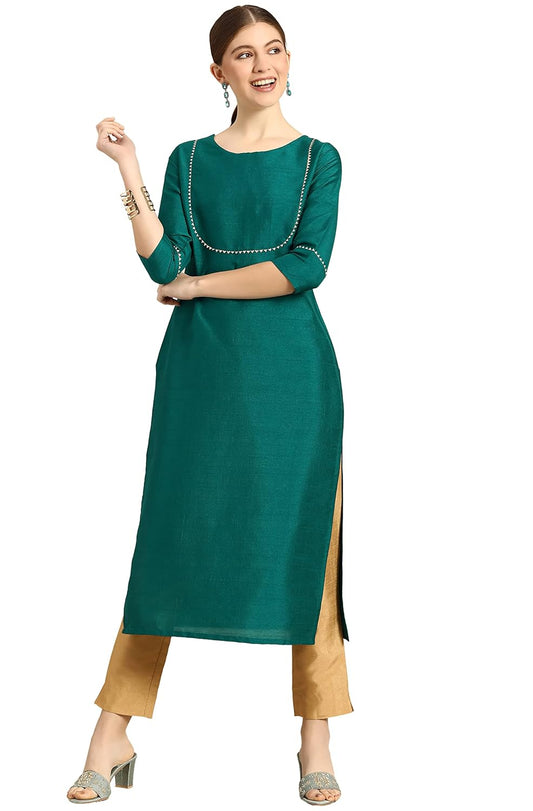 Janasya Women's Green Poly Silk Solid Kurta with Pant