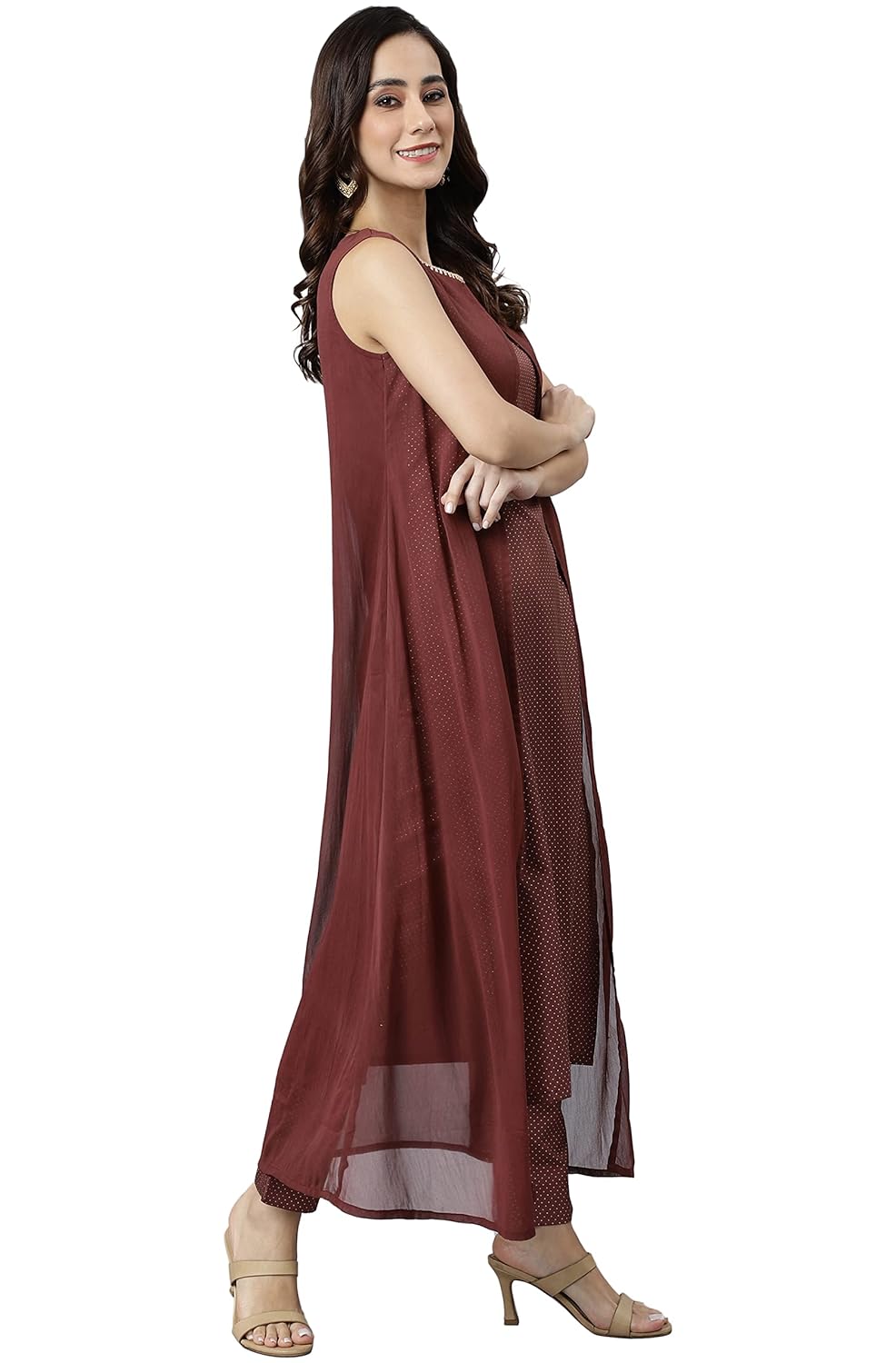 Janasya Women's Brown Poly Silk Foil Print Kurta with Pant